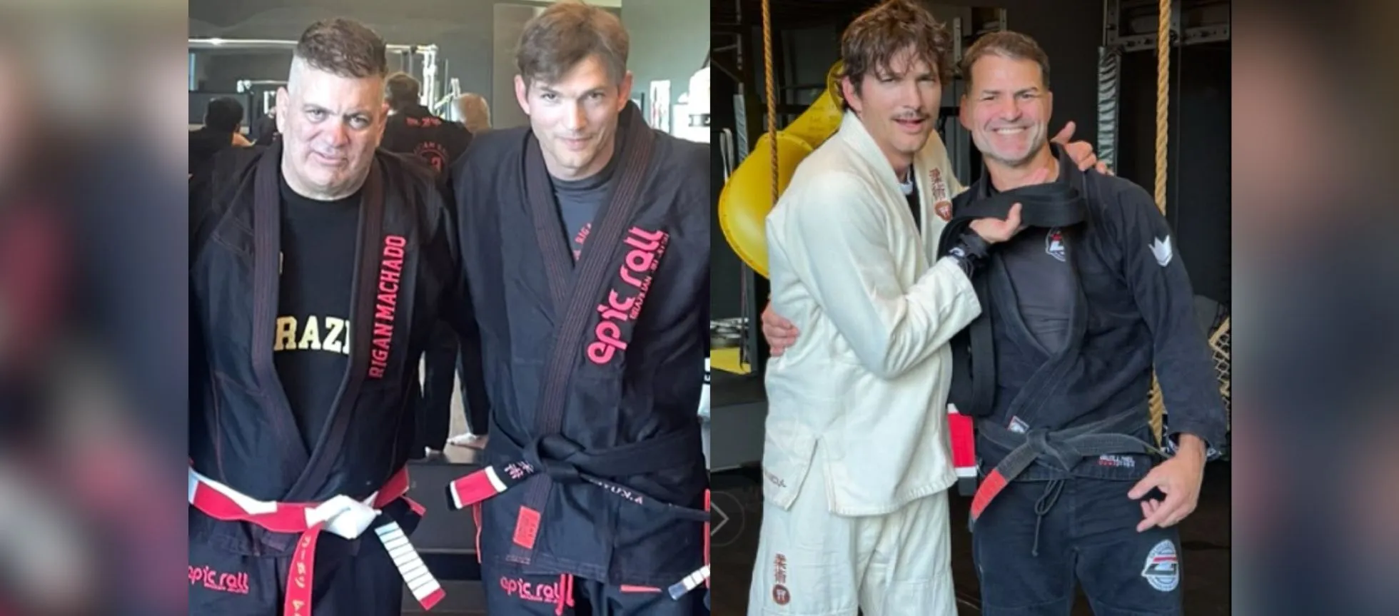 Ashton Kutcher con kimono de BJJ junto a su instructor