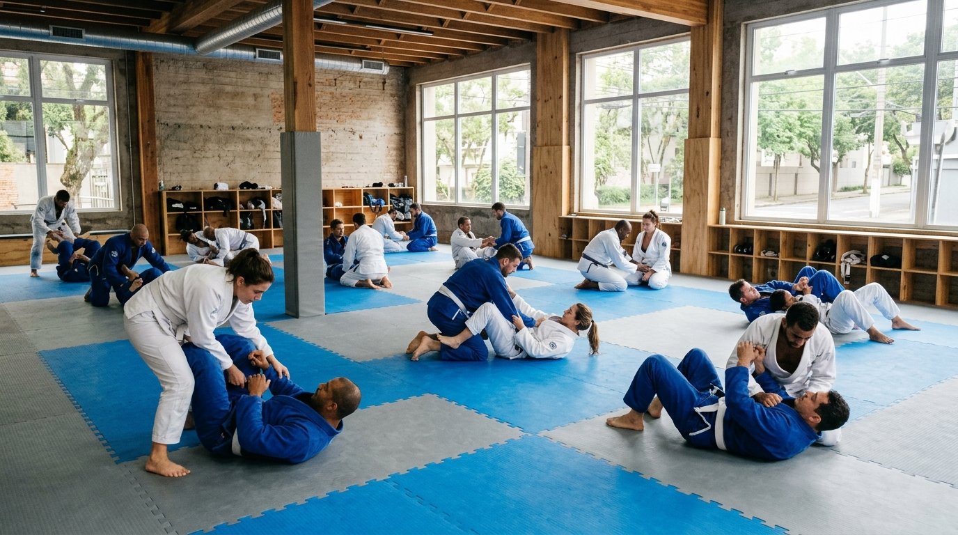 Alumnos de jiu-jitsu brasileño entrenando en el tatami durante una clase regular en una academia