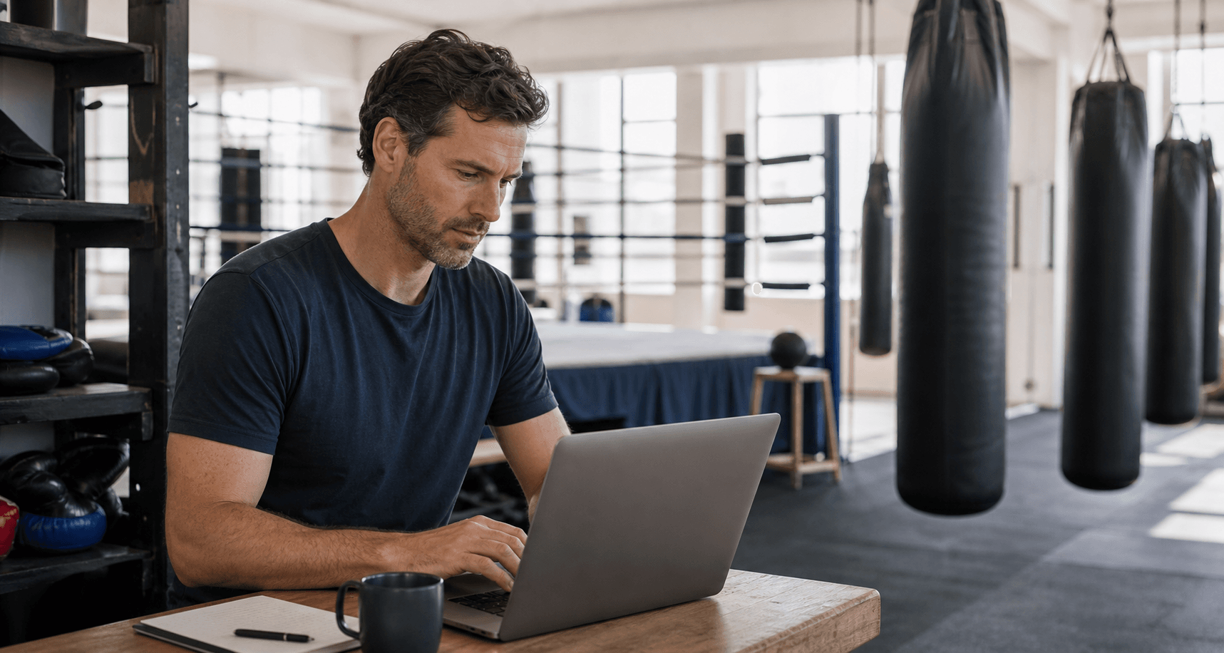 Boxing gym owner comparing management software on a laptop