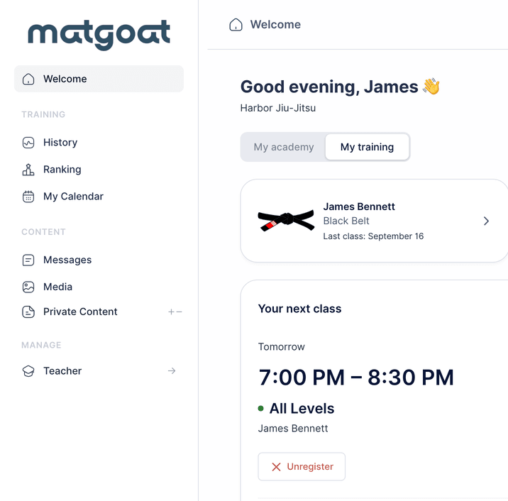 MatGoat student home with belt, last class, and upcoming class booking