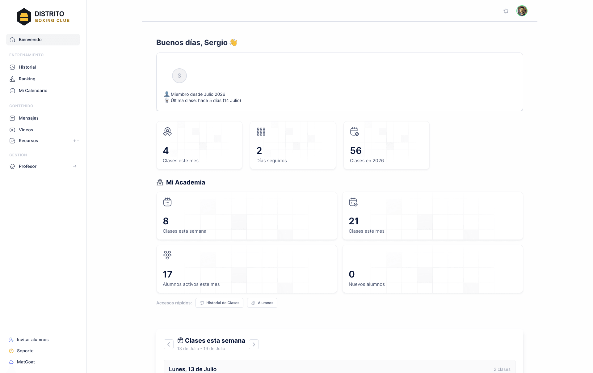 MatGoat student dashboard with attendance and academy statistics
