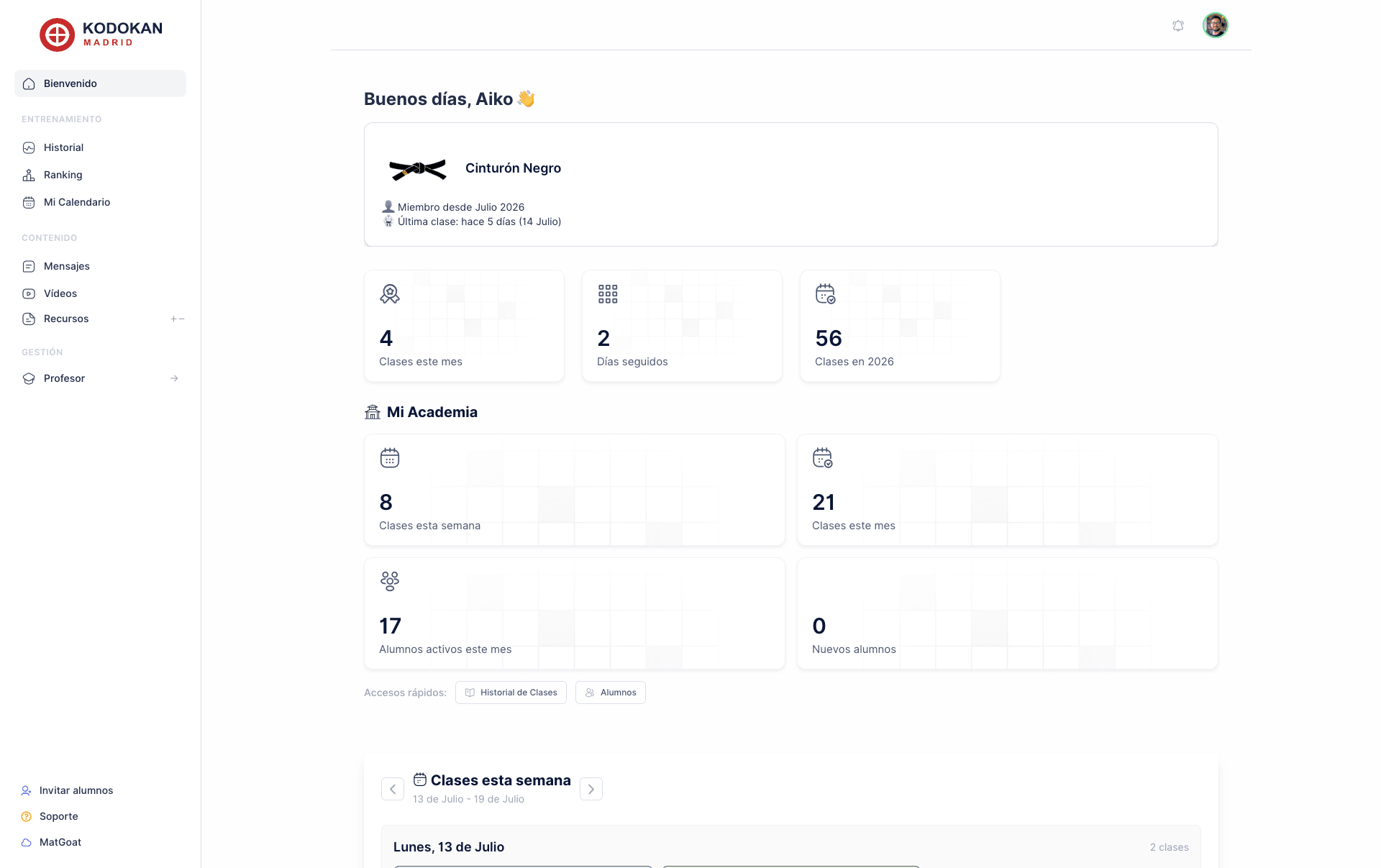 MatGoat student dashboard with attendance and academy statistics