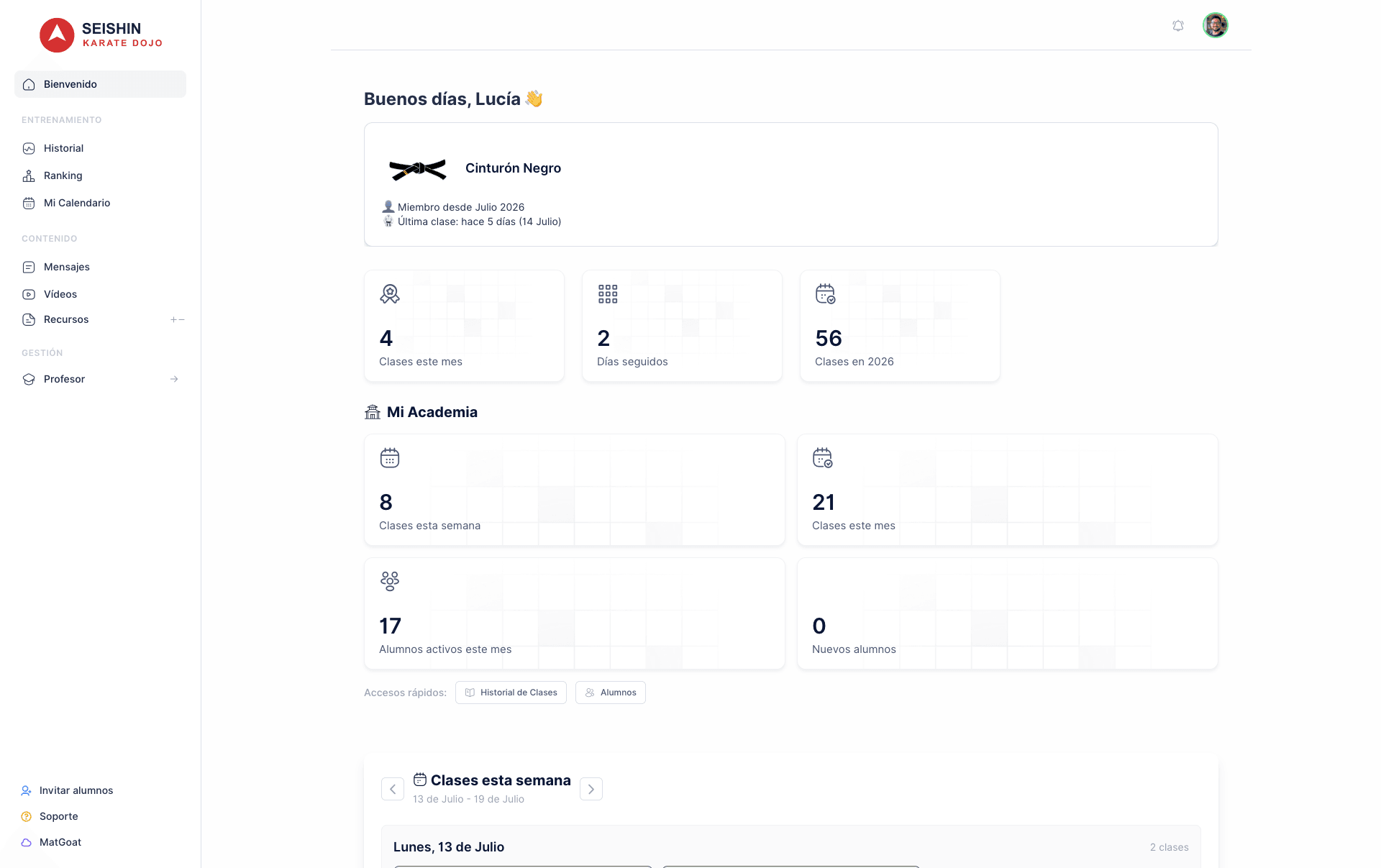 MatGoat student dashboard with attendance and academy statistics