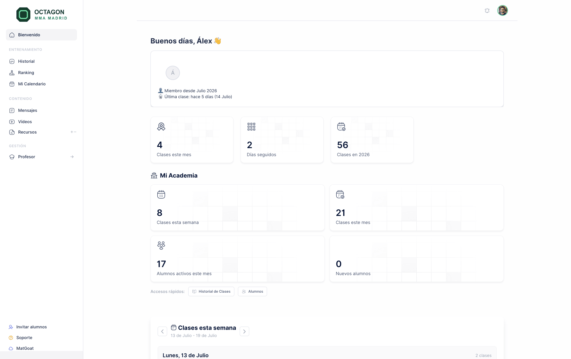 MatGoat student dashboard with attendance and academy statistics