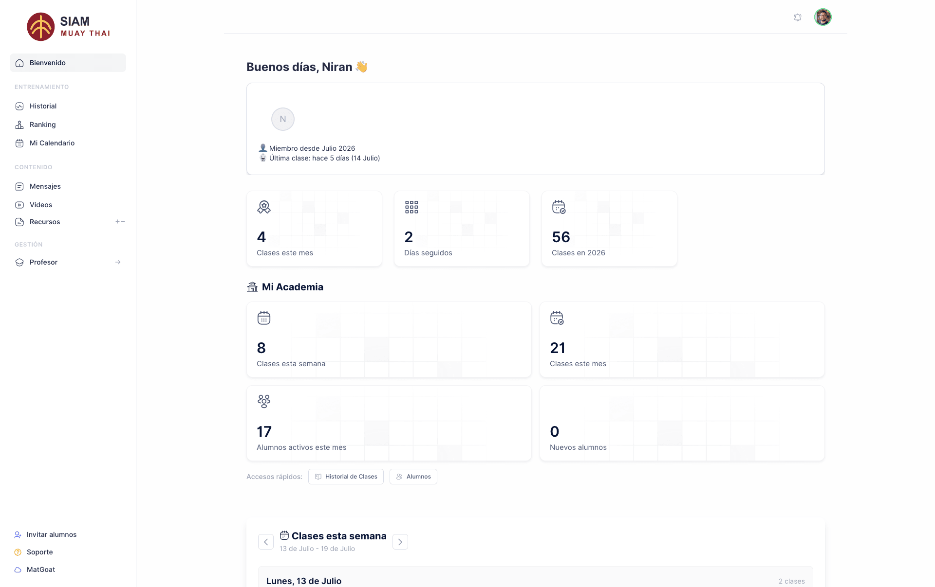 MatGoat student dashboard with attendance and academy statistics