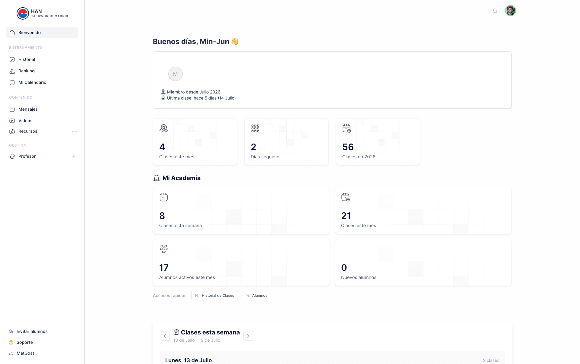 MatGoat student dashboard with attendance and academy statistics
