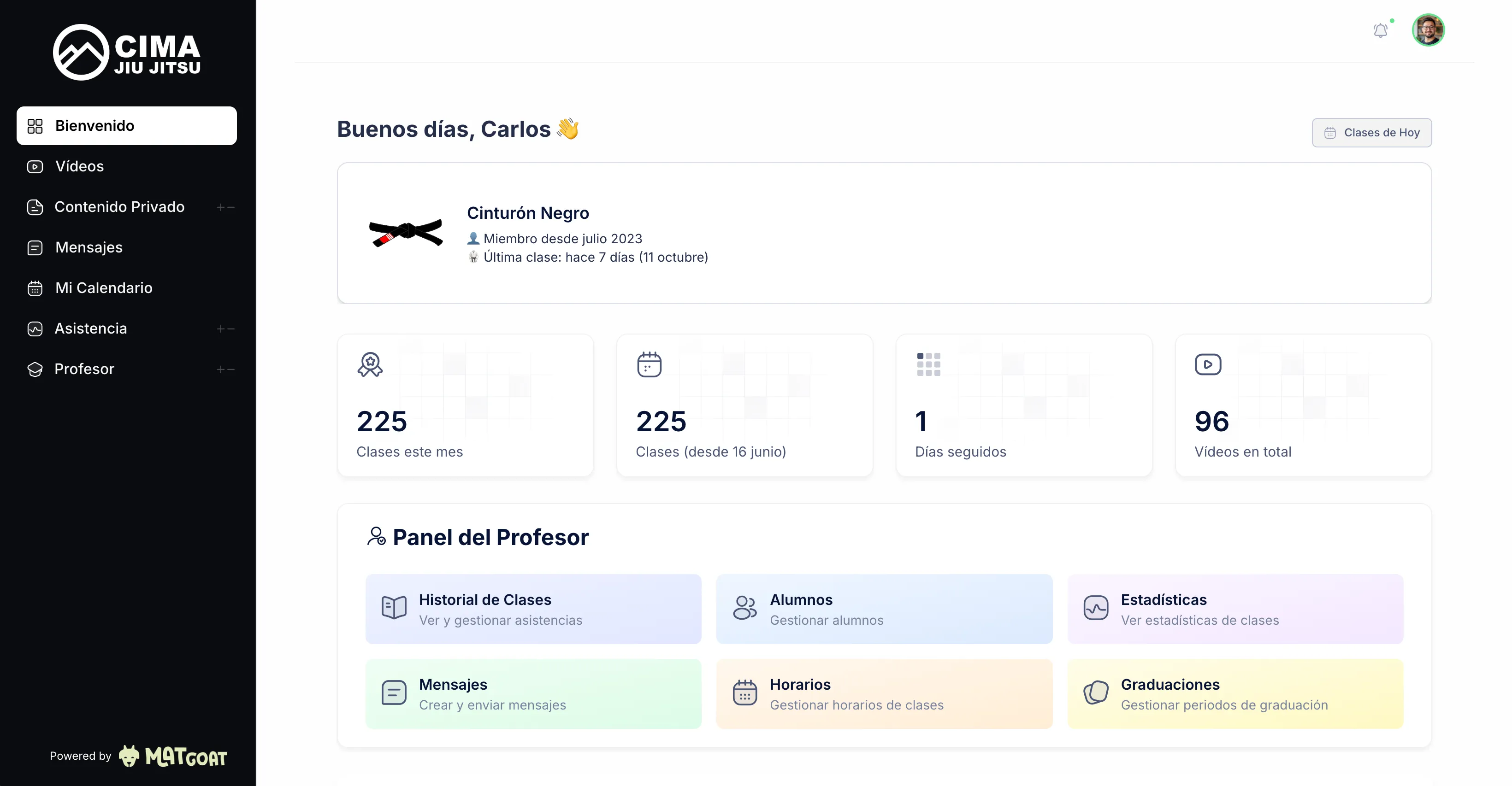 Panel de control de MatGoat para gestión de academias de BJJ