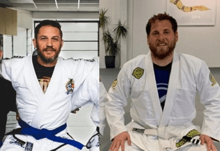 Dos hombres con kimono de BJJ en una academia de artes marciales