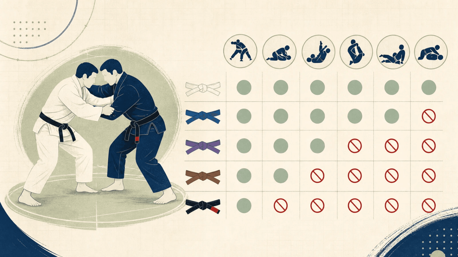 Competidores de BJJ junto a una matriz de movimientos ilegales de la IBJJF por edad y cinturón