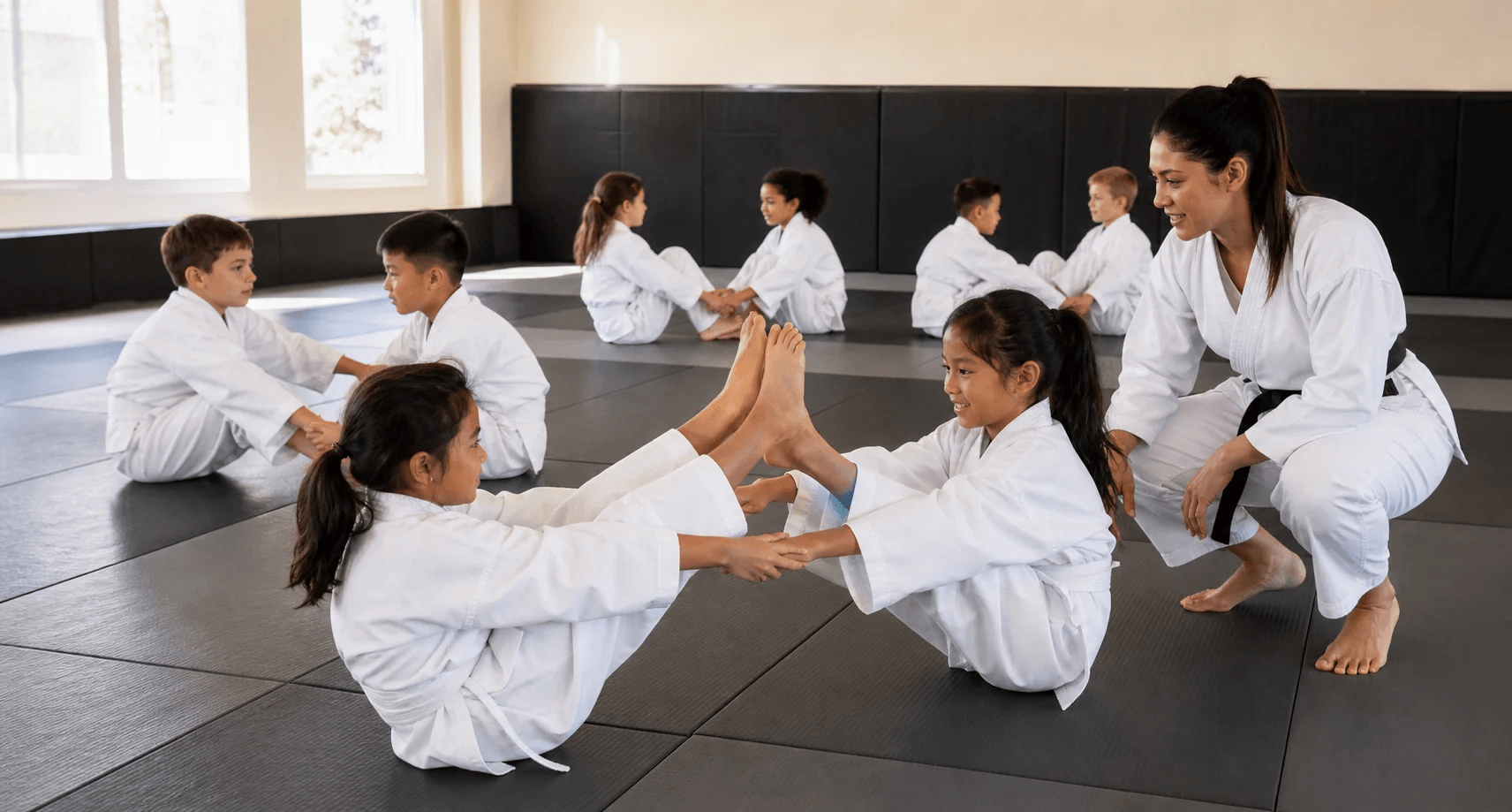 Niños practicando un ejercicio por parejas bajo supervisión en una academia de artes marciales
