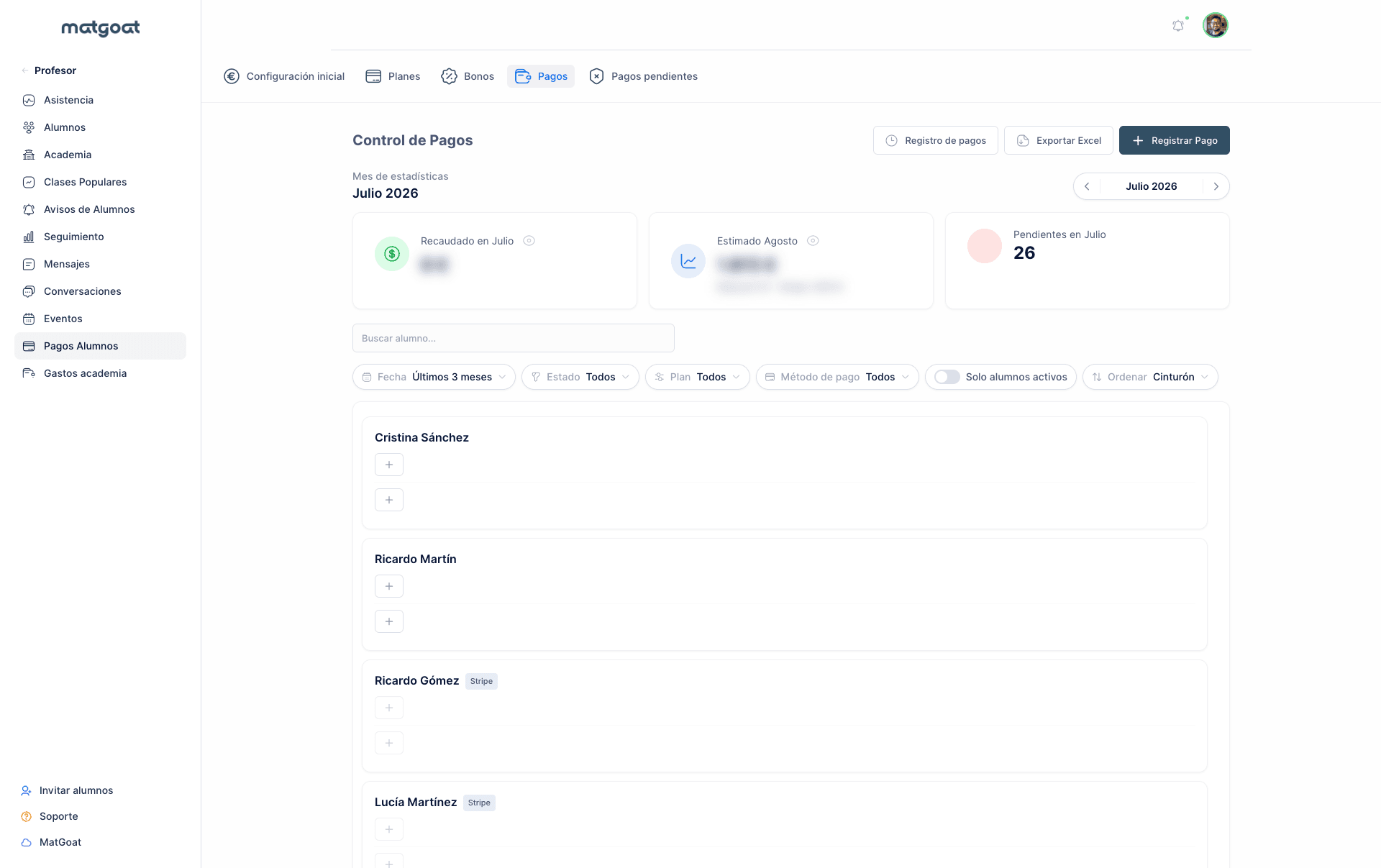 Gestión de pagos y mensualidades en MatGoat