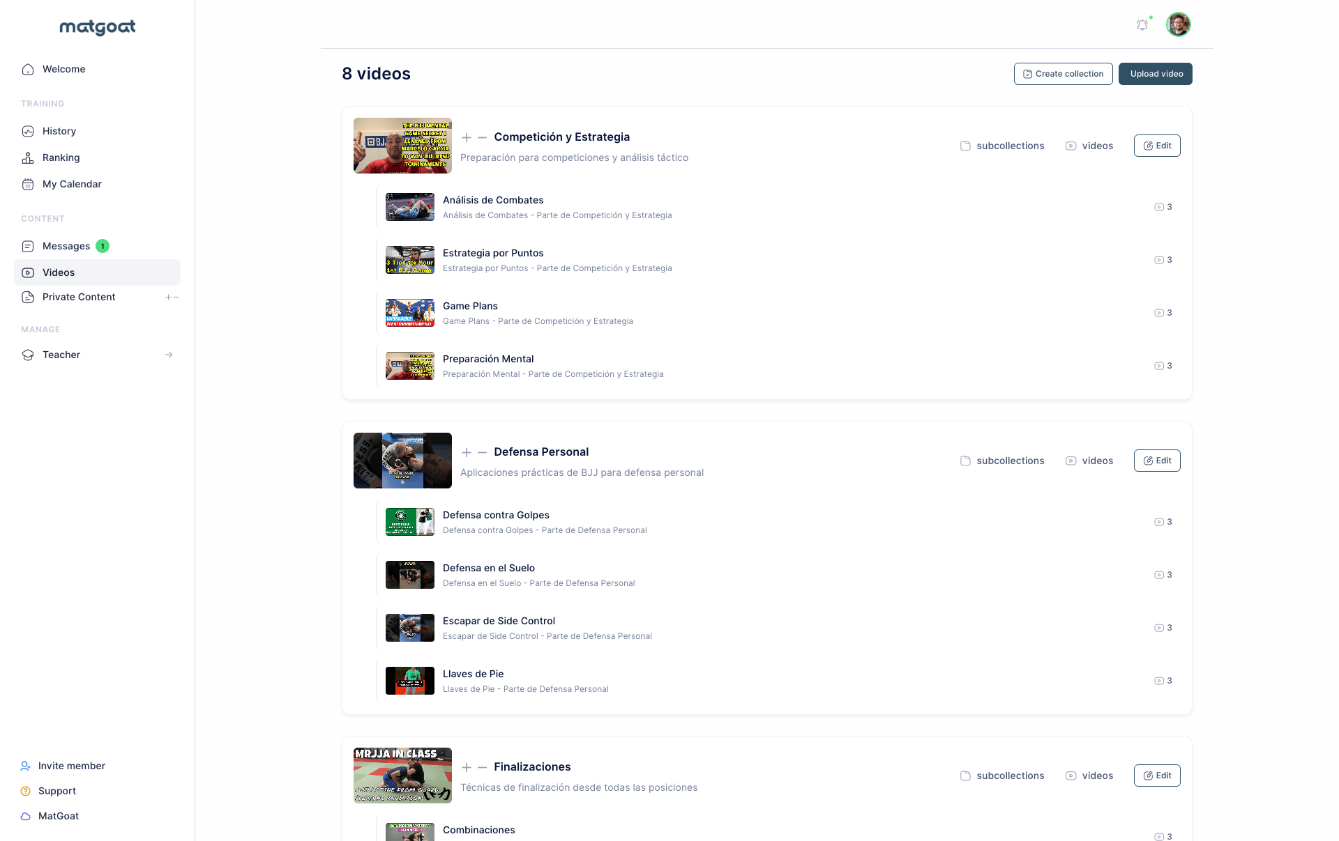 MatGoat private video library organized into collections and subcollections