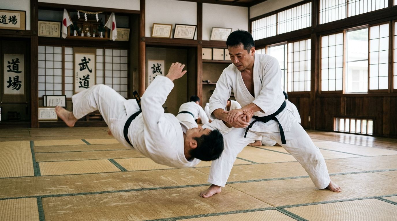 Dos practicantes de artes marciales en keikogi tradicional ejecutando una proyección en el tatami de un dojo
