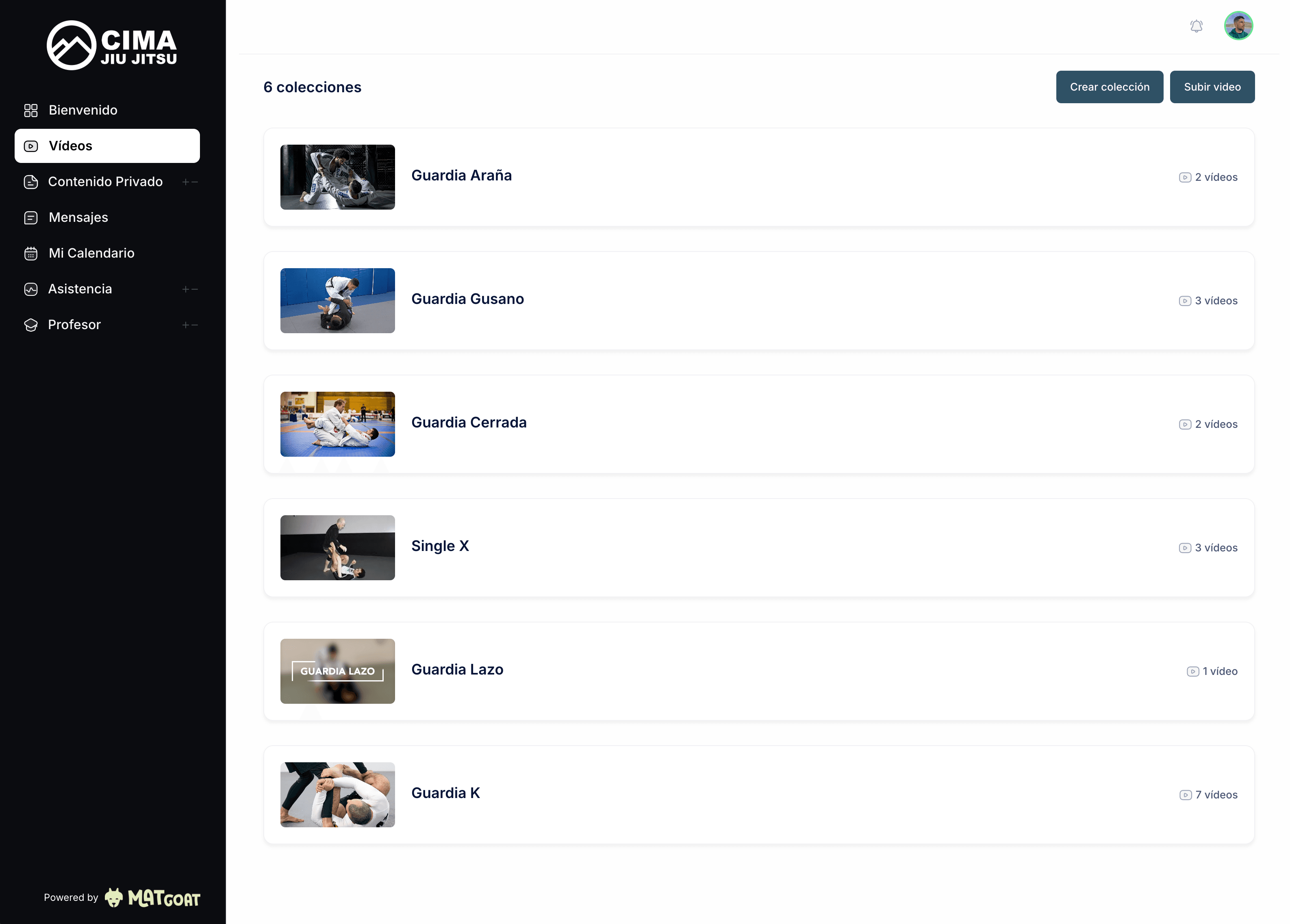 MatGoat BJJ technique video library organized by position
