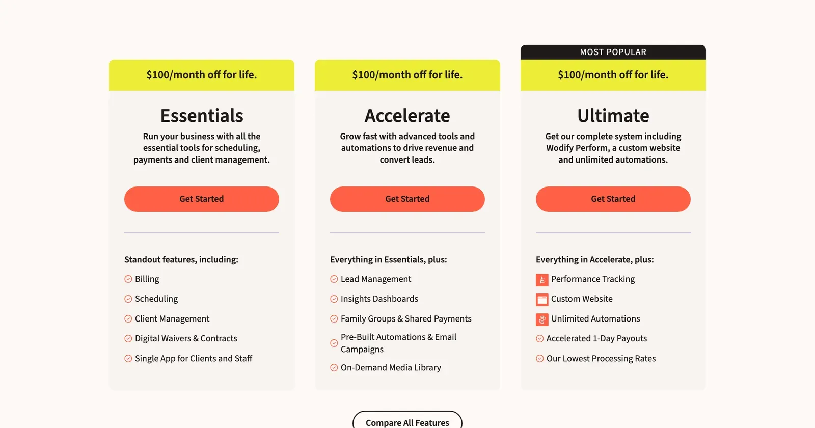 Planes de precios de Wodify para los niveles Essentials, Accelerate y Ultimate